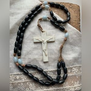 Vintage Plastic Black Beaded Rosary Jesus Cross Necklace Religious Jewelry